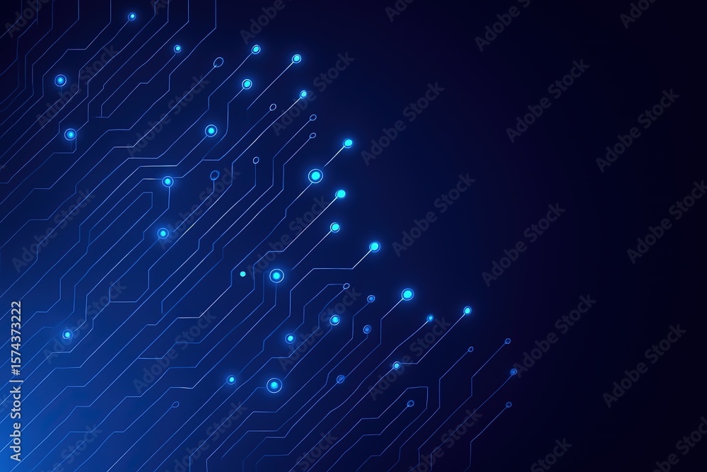 Poster abstract blue glowing circuit board lines and nodes on a dark background representing technology and