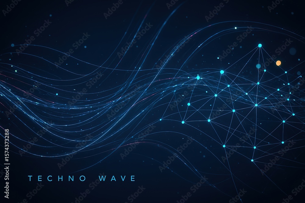 Poster abstract digital network of glowing blue lines and nodes on a dark background with subtle wave patte