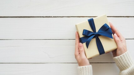 Hands holding a simple kraft paper gift box tied with a luxurious blue satin ribbon