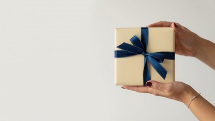 Hands holding a simple kraft paper gift box tied with a luxurious blue satin ribbon