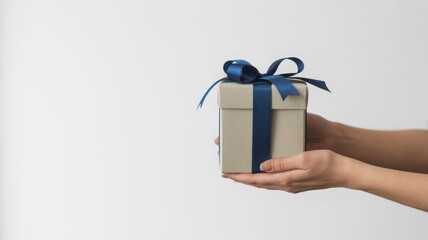 Hands holding a simple gift box tied with a blue satin ribbon