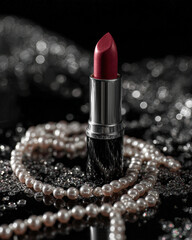 Luxurious lipstick in sleek tube, surrounded by delicate pearl necklace and sparkling diamonds, creating elegant and glamorous atmosphere