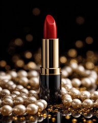 Vibrant red lipstick stands elegantly amidst luxurious arrangement of pearls, creating glamorous and sophisticated atmosphere. shiny surface of lipstick contrasts beautifully with soft luster