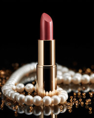 Luxurious lipstick placed elegantly on pearl necklace, surrounded by sparkling gems, creating glamorous and sophisticated atmosphere. rich color of lipstick enhances overall beauty