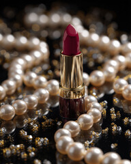 Vibrant lipstick stands elegantly amidst luxurious arrangement of pearl necklaces and sparkling gems, creating glamorous and sophisticated atmosphere