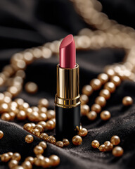 Luxurious lipstick in sleek tube, surrounded by delicate pearl necklace on dark fabric background, exuding elegance and sophistication
