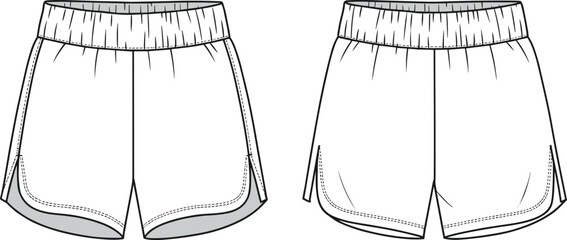 Women's Athletic Running Shorts Flat Sketch: Comfortable Sportswear Design for Active Workouts, Gym Fitness, and Casual Summer Activities Apparel.