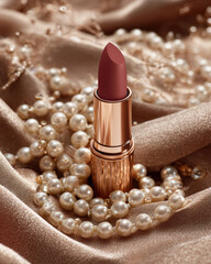 Luxurious lipstick placed elegantly among pearls and shimmering fabric, creating sophisticated and glamorous atmosphere. rich color of lipstick complements opulent setting beautifully