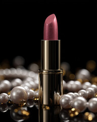 Luxurious lipstick in golden tube, surrounded by elegant white pearls and sparkling golden crystals, creates glamorous and sophisticated atmosphere