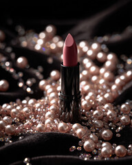 Beautiful lipstick stands elegantly among shimmering pearls and tiny crystals, creating luxurious and glamorous atmosphere. soft pink hue of lipstick contrasts beautifully with rich textures