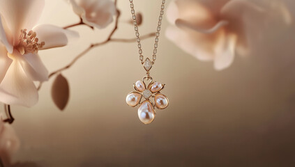 Elegant pearl necklace adorned with floral design, showcasing luxury and sophistication against soft, blurred background of magnolia flowers