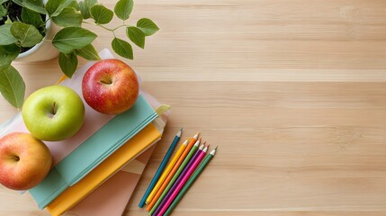 Back-to-School Study Scene – Spiral Notebook with Apple and Pencils on Blue Surface Reflecting New Beginnings and Cozy Learning Rituals
