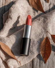 Beautiful lipstick rests on textured fabric, surrounded by dried leaves, creating warm and inviting atmosphere. natural wooden table adds to rustic charm of scene