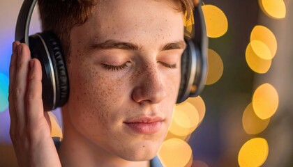 person wearing large black over-ear headphones against vibrant blue-orange background, suggesting an immersive audio or gaming experience