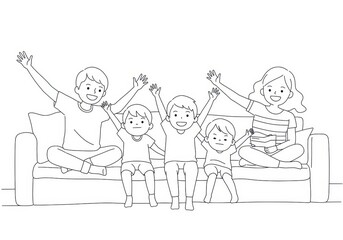 Photo of A happy family sits together on a couch in a black and white illustration