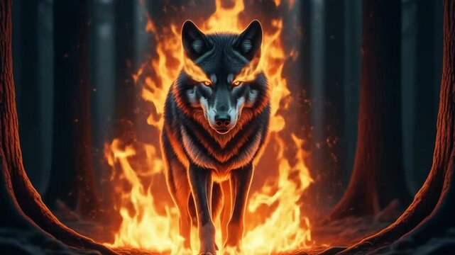 Fiery Wolf in Dark Forest - A majestic, dark-furred wolf stands amidst a ring of vibrant orange and yellow flames in a dimly lit forest.