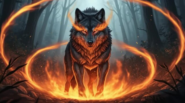 Fiery Wolf in Mystical Forest - A majestic, dark-furred wolf stands amidst a ring of swirling orange flames in a dark, atmospheric forest.