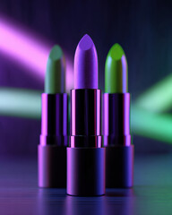 Vibrant lipstick tubes in neon purple and electric green glow against dark background, creating striking visual effect. colors evoke sense of boldness and creativity