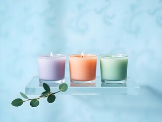Serene Stillness: A Trio of Lit Candles on a Glass Shelf
