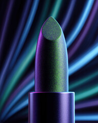 Vibrant lipstick with unique electric green and purple shimmer stands prominently against dynamic, colorful background. glossy finish and striking colors evoke sense of creativity and boldness