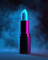 Vibrant lipstick stands tall against backdrop of swirling smoke, illuminated by striking cyan and magenta glow, creating captivating and modern aesthetic