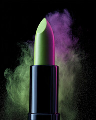 Vibrant lipstick with unique green and purple hue stands out against dark background, surrounded by mystical cloud of colorful powder, evoking sense of creativity and boldness