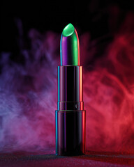 Vibrant lipstick with unique glowing green and purple color stands out against smoky background, creating eye catching and artistic display. neon lit design adds modern touch to this beauty
