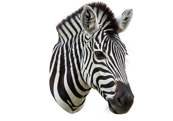 Zebras head shot black and white stripes large ears focused eye against a dark background