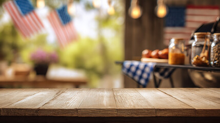 Wooden Table with Blurred Easter Sunday Background with American Flags and Barbecue Decor

