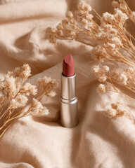 Beautiful lipstick sits elegantly on soft beige linen background, surrounded by delicate dried flowers, creating serene and stylish composition. warm tones evoke sense of calm and sophistication