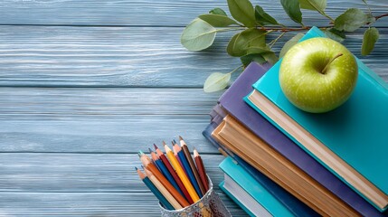 Home School Morning Setup – Cozy Learning Scene with Notebook, Apple, and Pencils Reflecting Daily Study Rituals and Calm Academic Atmosphere