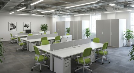 Photo of A modern and spacious office interior with desks, chairs, and plants