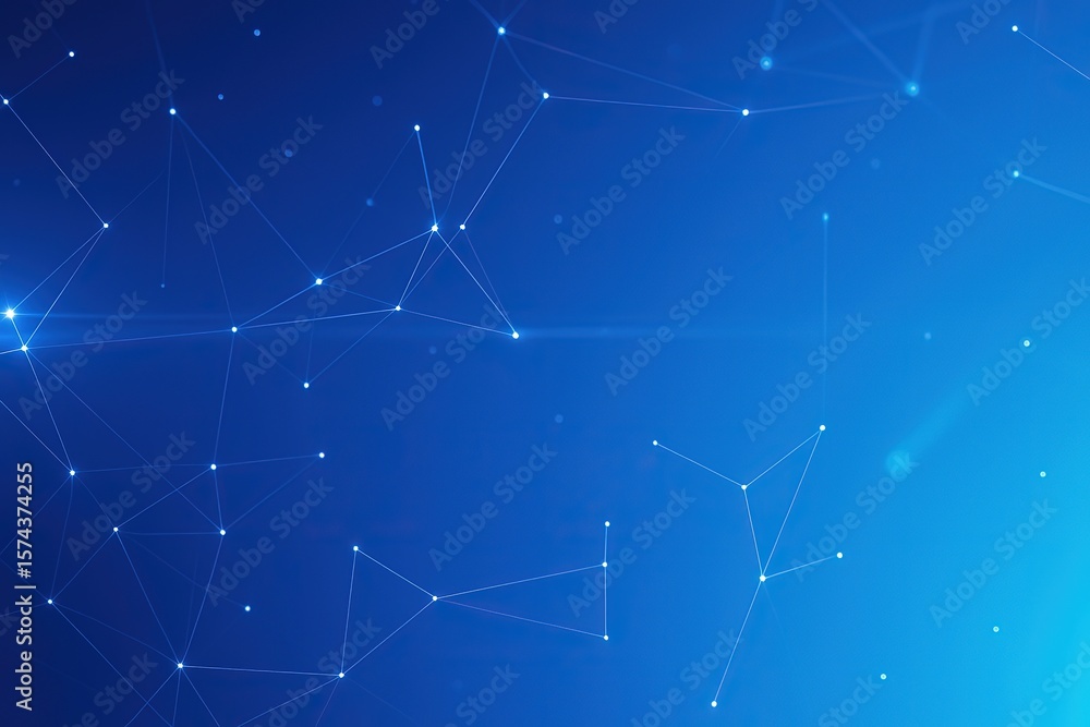 Poster abstract glowing network of interconnected white dots and lines on a deep blue gradient background