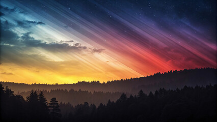 Fototapeta premium Dynamic sky shows radiating light beams in warm sunset colors transitioning to cool blues over layered forested mountain ridges.