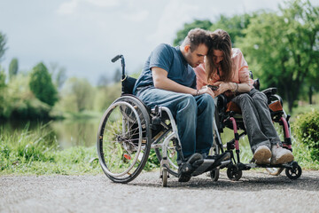 Naklejka premium Two people in wheelchairs share a tender moment outdoors near a tranquil lake, symbolizing companionship, love, and inclusivity in a serene natural setting.