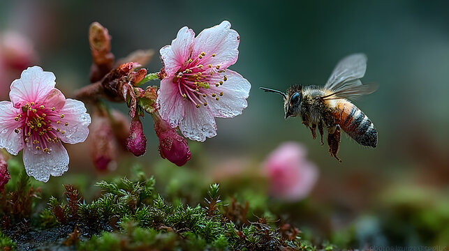 Close-up of a bee hovering beside delicate pink blossoms with fresh green moss underneath