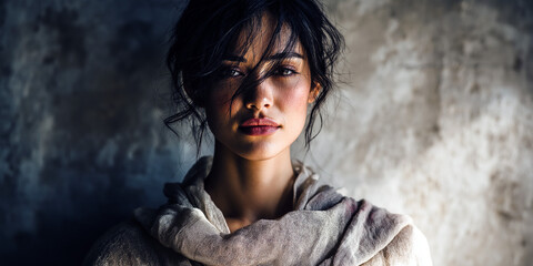 Close up portrait of a young woman with dark hair and thoughtful expression