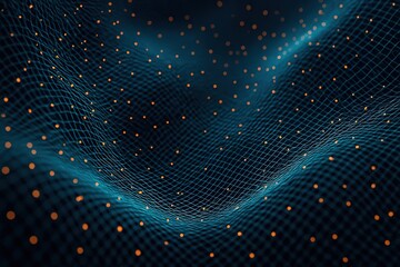 Fototapeta premium Abstract digital network with glowing orange particles on a dark teal wavy grid