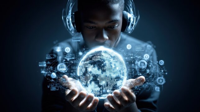 A person donning headphones cradles a glowing globe representing universal tech assistance. The backdrop features an array of digital symbols including help desks encrypted files and