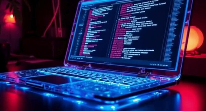 Laptop with Code on Screen in Dark Room with Blue and Red Lights