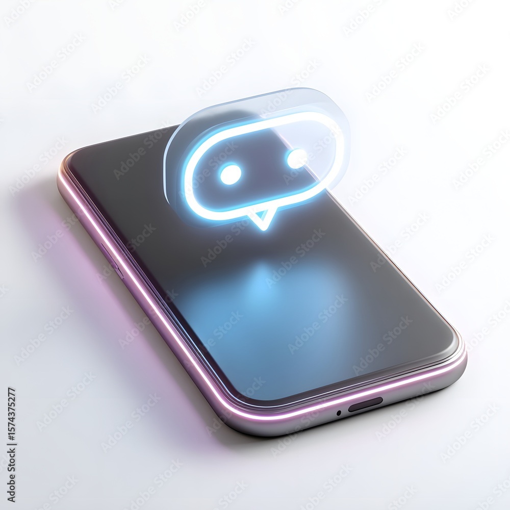 Poster futuristic smartphone with a glowing chatbot interface, showcasing advanced technology and digital c