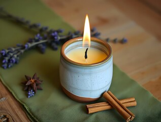 Lit Candle with Cinnamon and Lavender