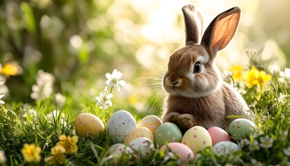 Easter bunny, colorful eggs, spring.