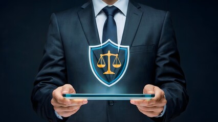 A businessman in a suit holds a digital tablet displaying a scales of justice shield, symbolizing legal technology and innovation in the justice system.