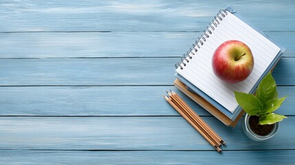 Notebook with Apple and Pencils on Blue Surface – Calm Study Setup Blending Rustic Stationery, Home Learning Vibes, and Creative Focus