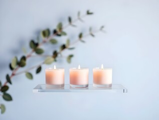 Tranquil Trio: Lit Candles on a Clear Shelf