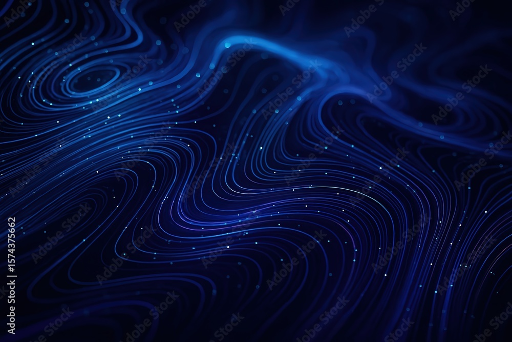 Poster abstract flowing blue lines with glowing particles creating a dynamic and futuristic digital landsca