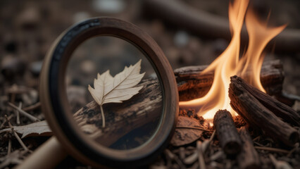 Autumn Leaf Under Magnifying Glass Near Campfire - Nature Exploration Concept