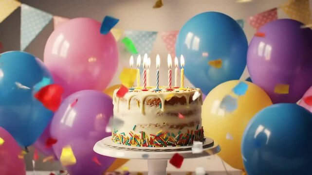 Photorealistic birthday cake with lit candles, balloons, confetti, and festive motion