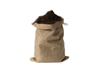 Jute bag with soil mixed with fertilizers on white background. Isolated